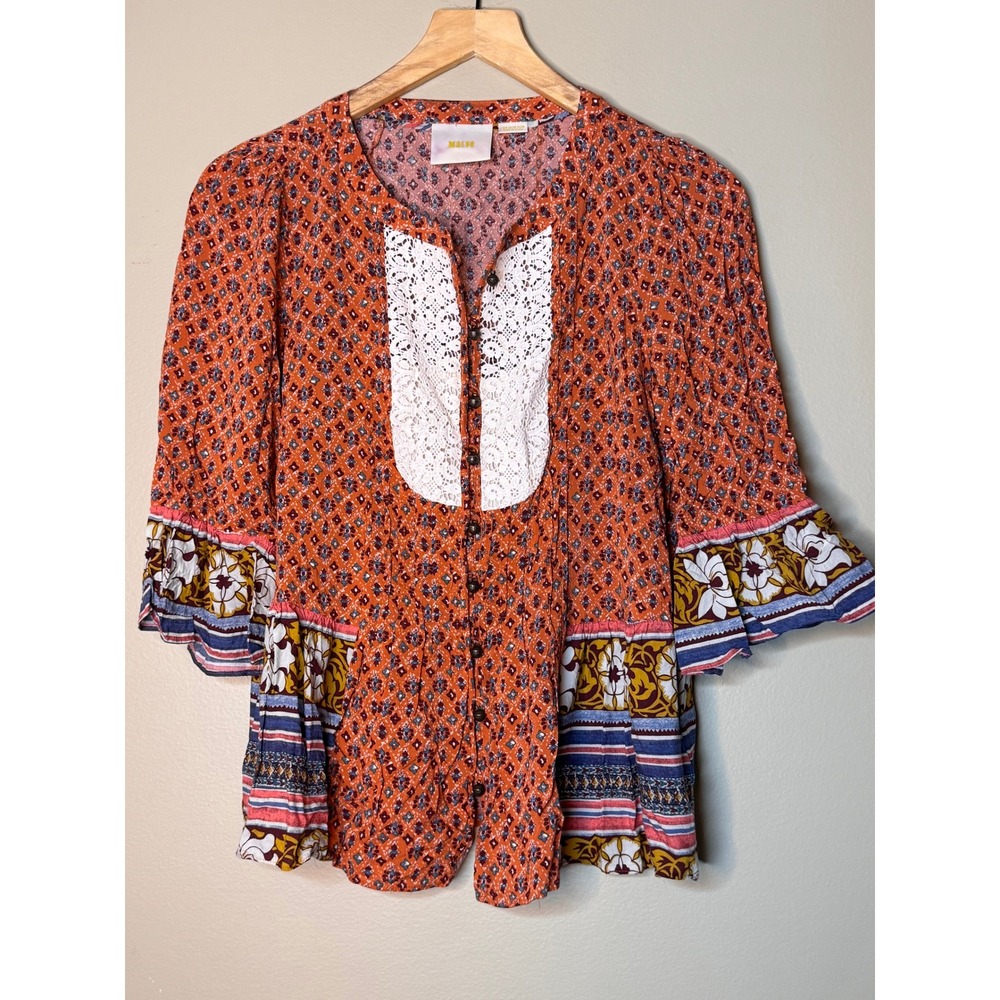Maeve Anthropologie Orange Floral Geometric Crochet Lace Bib Blouse‎ Top Size 6